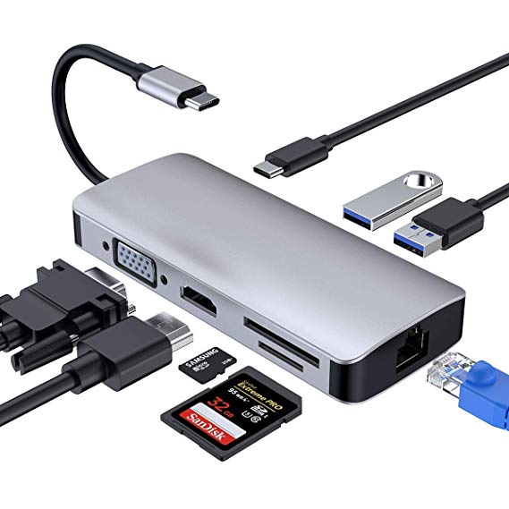 USB C hub, (8 in 1) Adapter with 4K@30Hz Female HDMI, VGA, USB 3.0 x 2, PD Power Delivery Port, SD/TF Card Reader, 1000M LAN Ethernet Port (Grey)