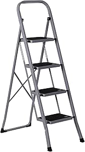 ZENY 4 Step Ladder Folding Step Stool with Wide Anti-Slip Pedal, Convenient Handgrip, Portable Steel Step Stool, 330 lbs Sturdy Steel Ladder for Household and Office, Gray