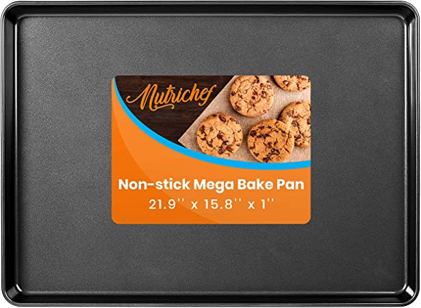 Nonstick Cookie Sheet Baking Pan - 1QT Large Metal Oven Baking Tray Mega Pan - Kitchen Cooking Non-Stick Bake Trays - Stylish Metallic Black Coating, PFOA PFOS PTFE Free - NutriChef NCLGBLK1