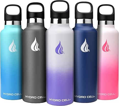 HYDRO CELL Stainless Steel Water Bottle with Straw & 2 Standard Mouth Lids (32oz 24oz 20oz 16oz) Keeps Liquids Hot or Cold w/Double Wall Vacuum Insulated Leak Proof Sport Design (Lavender/White 24oz)