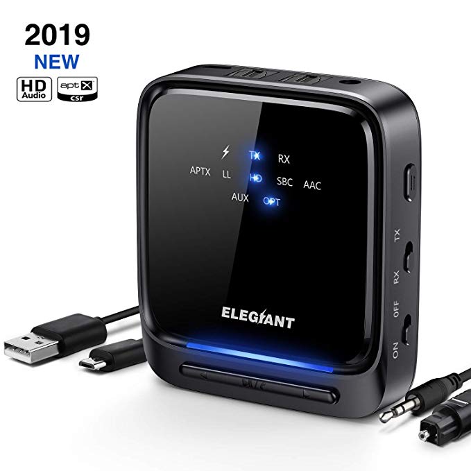 ELEGIANT Bluetooth 5.0 Transmitter Receiver, Bluetooth Audio Adapter Wireless Splitter (Optical Digital, AUX, RCA, USB), aptX Low Latency, aptX HD Dual Link for Two Headphones for TV Home Hifi System