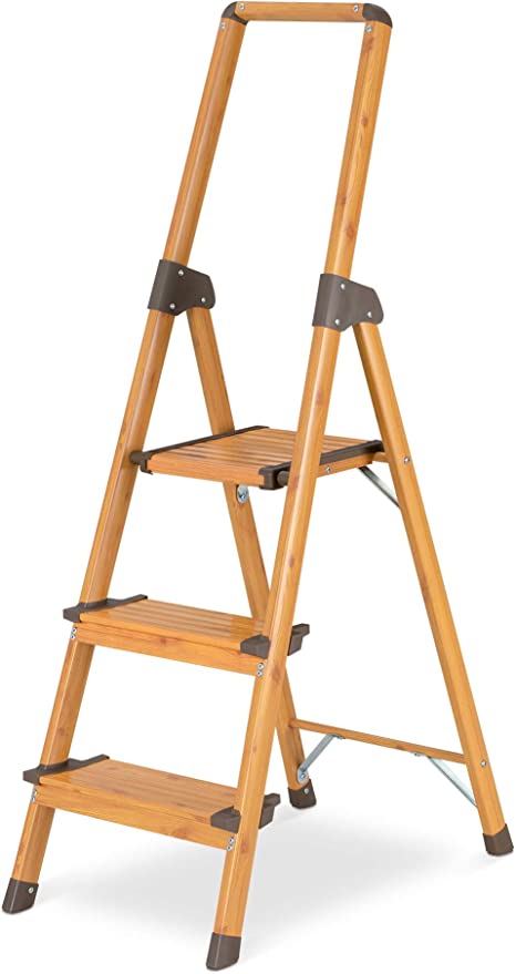 Navaris 3-Step Aluminium Ladder - Lightweight Small Folding Foldable Fold Away Household Step-Ladder for Kitchen w/Wood Finish - 150KG Load Capacity