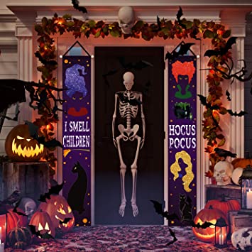 26 Pieces Halloween Decorations, 2 Pieces Outdoor Hocus Pocus Banners Porch Sign Halloween Hanging Banner 24 Pieces Bat Stickers Decorative Halloween Bat Stickers for Home Wall Door Decor (Purple)