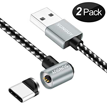 USB Magnetic Cable,SUNGUY [2 Pack] 6FT/2M Right Angle 90 Degree USB C Charging Cable with Magnet Connector for Samsung Galaxy S9 S8 Plus Note 8, Google Pixel 2 XL, LG V30 G6,OnePlus 5T and More
