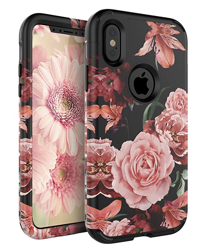 TIANLI iPhone Xs Case,iPhone X Case for Girls and Women Flower Pattern Three Layer Plastic & Silicone Shockproof Heavy Duty Protective Floral Cover,Black
