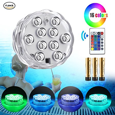 Mouttop Submersible Swimming Pool Led Lights IR Remote 10-LED RGB Waterproof Battery (Included) Pond Lights for Aquarium, Vase Base, Pond, Garden, Party, Christmas, Halloween - 4 Pack