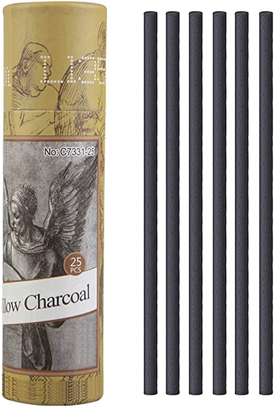MyArTool Artist Willow Charcoal Sticks for Sketching and Drawing, Approx. 4-5mm Dia, 25 Sticks