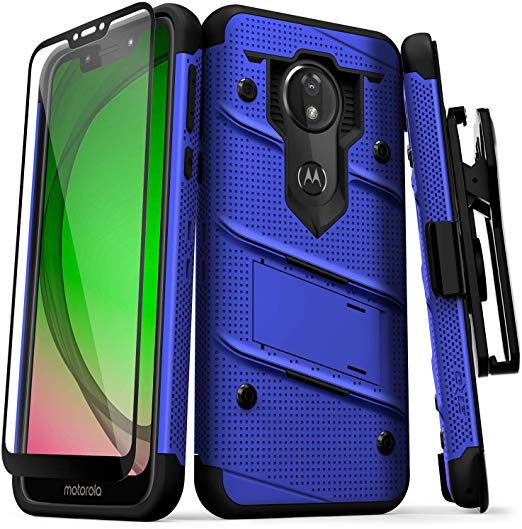 ZIZO Bolt Series Moto G7 Play Case Heavy-Duty Military Grade Drop Tested Bundle with Full Glue Glass Screen Protector Holster and Kickstand Blue Black