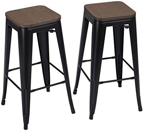 Yaheetech Metal Bar Stools Set of 2 Island Stools 30 Inch Barstools Kitchen Bar Height Pub Barstool w/Wood Seat Stackable, Black