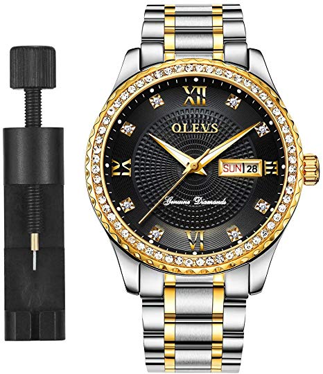 OLEVS Luxury Men's Stainless Steel Gold/Blue/White/Black Dial Diamond Quartz Wrist Watches, Waterproof & Luminous & Date-Day Windows, Father's Day Gift Watches