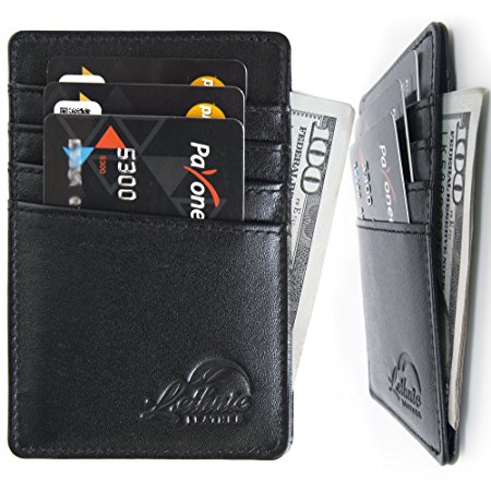 Lethnic Men's Minimalist RFID Front Pocket Slim Wallet - Business Card Holder Wallet - Safe Wallet For Travel - Best gift for Men - Genuine Leather (Black)
