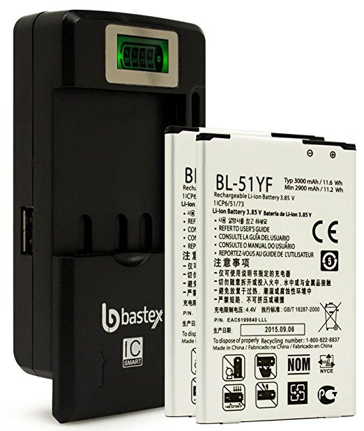 Two (2pk) Bastex Replacement Battery for LG G4 3.85V 3000 mAh Plus One (1) Bastex External Dock LCD Battery Charger