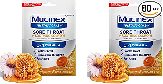 Mucinex InstaSoothe Sore Throat   Soothing Comfort Honey & Echinacea Flavor, Fast Acting, Powerful Sore Throat Oral Pain Reliever, 40 Medicated Drops (Pack of 2)