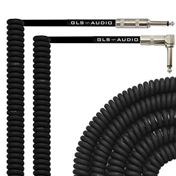 GLS Audio 20 Foot (6.09 meters) Curly Guitar Instrument Cable - Right Angle 1/4 Inch TS to Straight 1/4 Inch TS 20 FT Cord 20 Feet Phono 20' 6.3mm - SINGLE