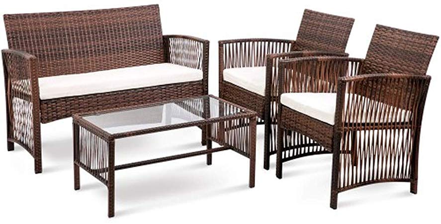 Hooseng Hoosng 4 Pieces Furniture Rattan Chair & Table Patio Set Outdoor Sofa1, Brown-White