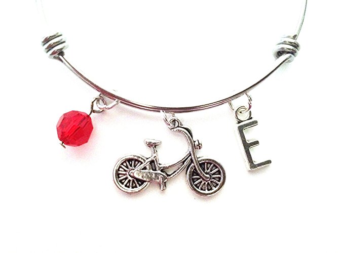 Bicycle / Bicyclist themed personalized bangle bracelet. Antique silver charms and a genuine Swarovski birthstone colored element.