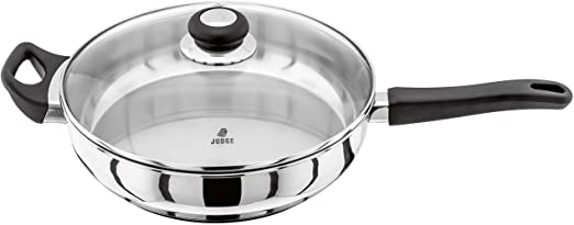 Judge Vista JJ24A Stainless Steel Large Saute Pan with Helper Handle 28cm, Shatterproof Vented Glass Lid, Induction Ready, Oven Safe, 25 Year Guarantee