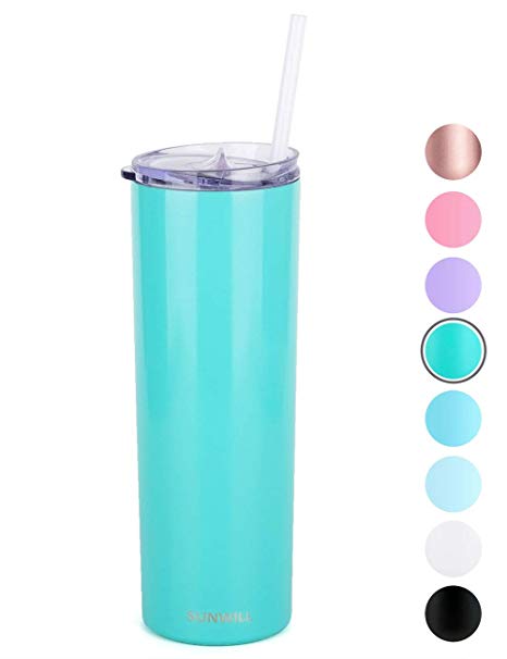 SUNWILL Straw Tumbler Skinny Travel Tumbler with Lid, Vacuum Insulated Double Wall Stainless Steel 20oz for Coffee, Tea, Beverages, Teal