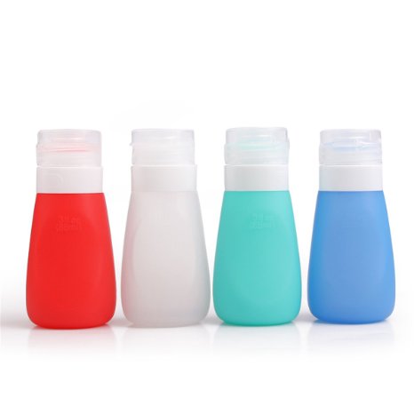 Pure Vie® Leak Proof Silicone Travel Bottles Set - 3oz (85ml) 4 Pack TSA Approved Refillable & Squeezable BPA Free Silicone Containers with Waterproof Luggage Organizer