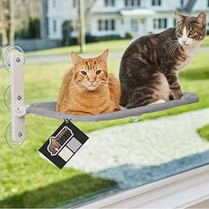 Gorilla Grip Heavy Duty Cordless Cat Window Perch, 6 Large Suction Cups, Strong Metal Frame Holds 40lbs, Foldable Indoor Hammock Bed with Reversible Washable Cover, Cats Seat Wall Shelves, Gray