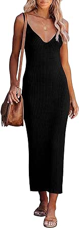 MEROKEETY Womens 2024 Summer V Neck Knit Midi Dress Bodycon Sleeveless Ribbed Sweater Dresses