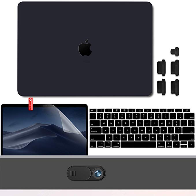 GMYLE MacBook Pro 13 Inch Case 2018 2017 2016 Release A1989 A1708 A1706 with Touch Bar, Logo Cutout Hard Shell, Privacy Webcam Cover Slide, Anti Dust Plugs, Keyboard Cover Screen Protector - Black