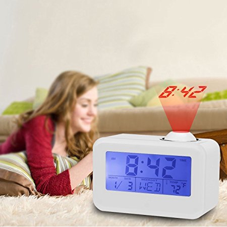 Voice Control ,Protable Clock-Projection Alarm Clock with Voice Control Soft LED ,Snooze,Auto Time Set,Sleep Timer,Indoor Time/Temperature/Day/Date Display Digital Bedside clock (send by Amazon)