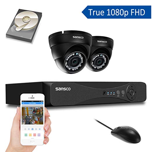 SANSCO All-in-One Smart CCTV Camera System with 1080P DVR and 2 HD 2.0MP Day Night Dome Cam (1920x1080 Mega Pixel, Indoor and Outdoor) and 1TB Internal Hard Drive (Preinstalled), Black 1 Pack