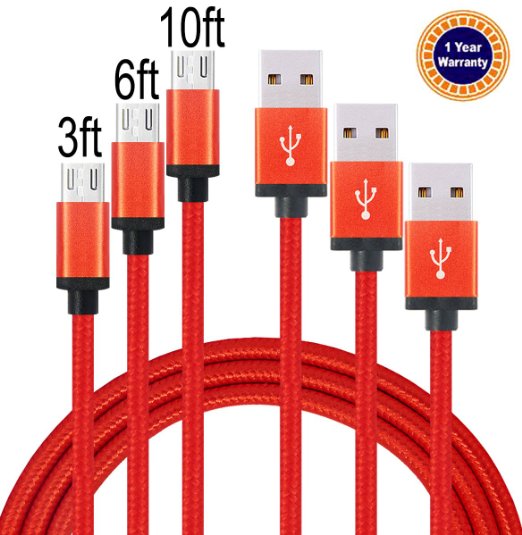 Jricoo 3ft 6ft 10ft Micro USB to USB Cable 2.0 10ft Nylon Braided Extremely Long USB Charging Cable for Android, Samsung Galaxy, HTC, Nokia, Huawei, Sony and Other Tablet Smartphone (Red)