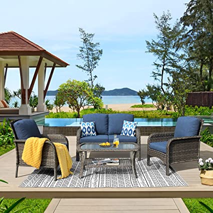 ovios Pieces Outdoor Patio Furniture Sets Rattan Chair Wicker Set with Cushions,Table,Outdoor Indoor Backyard Porch Garden Poolside Balcony Furniture (Grey-Denim Blue)