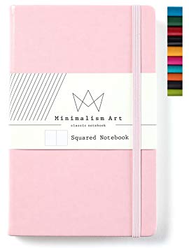 Minimalism Art | Classic Notebook Journal, Size: 5" X 8.3", A5, Pink, Squared Grid Page, 192 Pages, Hard Cover/Fine PU Leather, Inner Pocket, Quality Paper - 100gsm | Designed in San Francisco