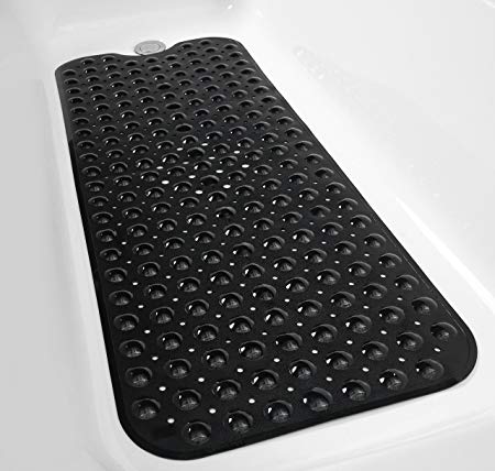 Tike Smart Extra-Long Non-Slip Bathtub Mat 39”x16” (for Smooth/Non-textured Tubs Only) Safe, Clean, Anti-bacterial, Machine-washable, Superior Grip&Drainage, Vinyl Bath Mat, Opaque Black …