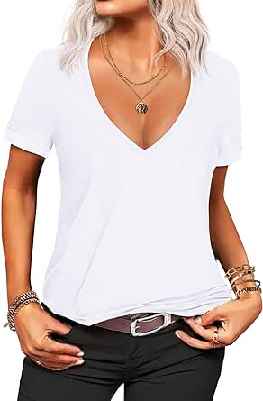 Beyove Women's Deep V T-Shirt Summer Short Sleeve Loose Casual Top(S-3XL)