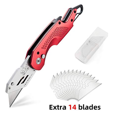 Professional Box Cutter Folding Utility Knife, E-PRANCE Pocket Carpet Knife with 14 Replaceable SK5 Stainless Steel Blades, Easy Release Button, Quick Change and Locking Razor Knife (Red)
