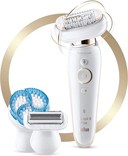 Braun Silk-épil 9 Flex 9-010, Epilator with Flexible Head, Anti-Slip Grip and Pressure Control for Effortless Hair Removal, Shaver Head, Deep Body Exfoliation Brush and Exfoliation with Massage Cap