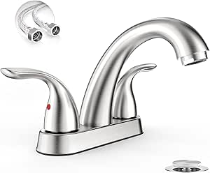 Phiestina 4 Inch Brushed Nickel 2 or 3 Hole Bathroom Sink Faucet,2 Handles Centerset Modern ABS Plastic Bathroom Faucet,with Pop-Up Drain and Water Supply Lines, BF02008-K05-GBN