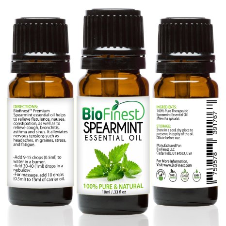 Biofinest Spearmint Essential Oil - 100% Pure Undiluted - Premium Organic - Therapeutic Grade - Best For Aromatherapy - Boost Digestion - Muscle Soothing - FREE E-Book (10ml)