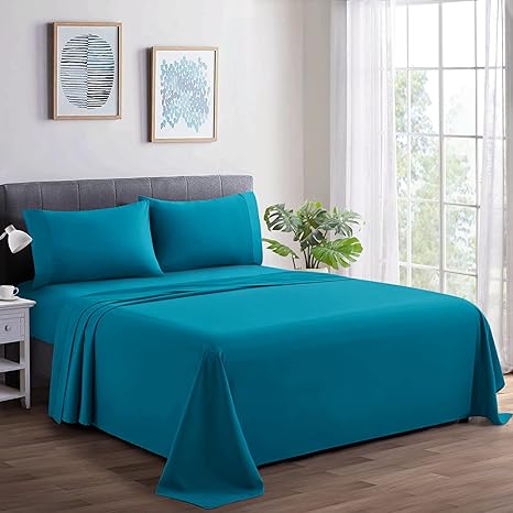 600 Thread Count Ultra Soft Deep Pocket Hotel Standard Solid Bedding Long Staple Percale Cotton All Season 4 Pieces Sheet Set with 2 Pillowcases, Teal Color King Size