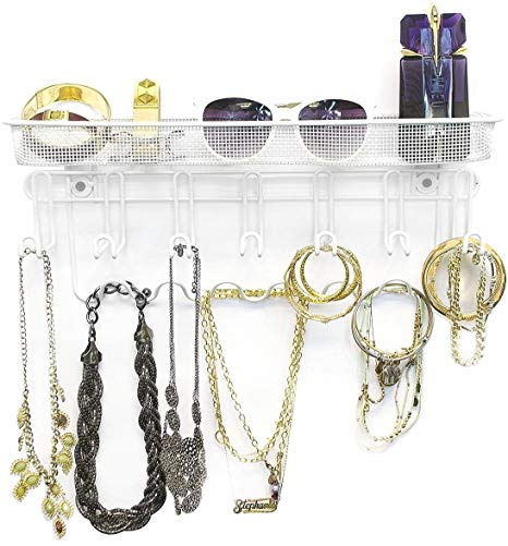 Sorbus Jewelry Organizer Holder, Mail & Key Rack, 13 Hook Wall Mounted Storage Shelf - Perfect for Jewelry, Accessories, Beauty Products, Mail, Keys, and Much More! (White)