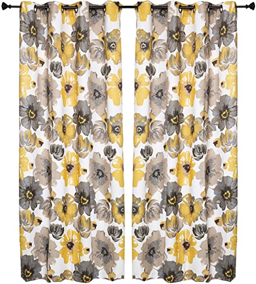 Set of 2 Grommet Floral 52" W x 95" L (104" Total Width) Decorative Window Curtain Panels, White/Yellow/ Dark Beige/Gray Room Darkening Soft and Heavy Panels for Living Room/Bedroom, Lily 95" Yellow