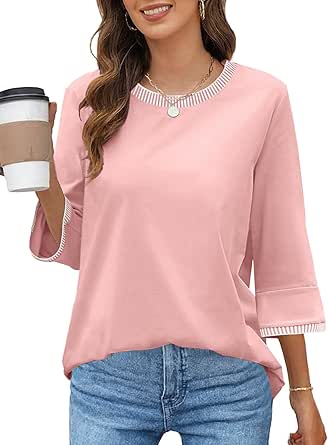 MEROKEETY Women's 3/4 Sleeve Tops Dressy Casual Crew Neck Color Block Loose Trendy Blouses T Shirts