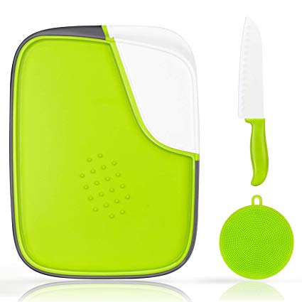 Plastic Cutting Board Set - Multifunction Double-Sided Durable Cutting Board with Storage, Non Porous, BPA Free, Plus Ceramic Knife