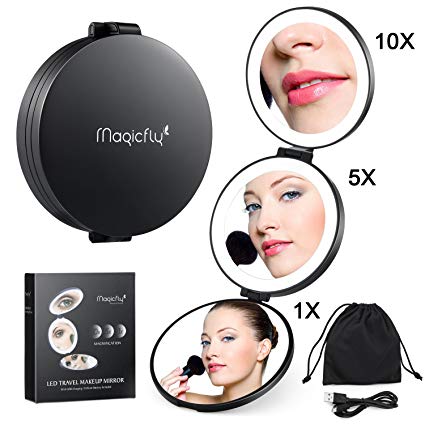 Travel Makeup Mirror, Magicfly 10X/5X/1X Magnification Compact Mirror with Lights, USB Rechargeable LED Lighted Handheld Mirror for Traveling, Black