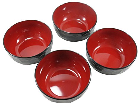 Japanese Soup Salad Lacquer Bowl 5 3/4 x 3 Tortoise Shell Red Black (Set of 4)