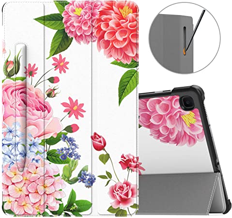 MoKo Case Compatible with Galaxy Tab S6 Lite 2020, Ultra Slim Tri-Fold Cover with Auto-Wake/Sleep & Pen Holder Fit Samsung Galaxy Tab S6 Lite 10.4 2020 SM-P610/P615 ONLY - Blooming Flowers