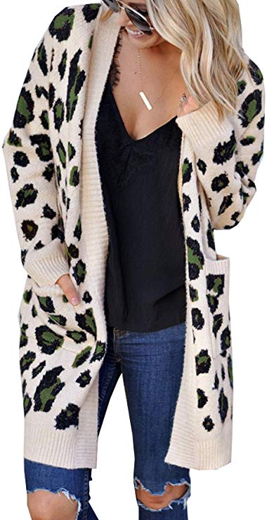 Ru Sweet Women Leopard Cardigan Long Open Front Sweaters Loose Knit Coat Draped Jumper with Pockets