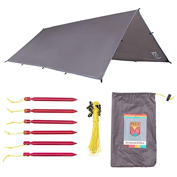 Sanctuary SilTarp - Ultralight and Waterproof Ripstop Silnylon Rain Shelter Tarp, Guy Line and Stake Kit - Perfect for Hammocks, Camping and Backpacking