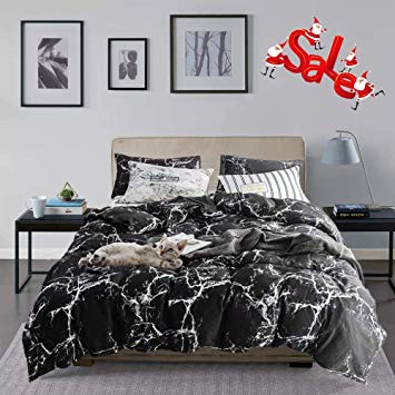 Wellboo Black Duvet Covers Marble Comforter Sets Queen Black and White Modern Bedding Sets Women Men Teen Cotton Duvet Covers Luxury Marble Design Covers with 2 Marble Pillowcases No Comforter
