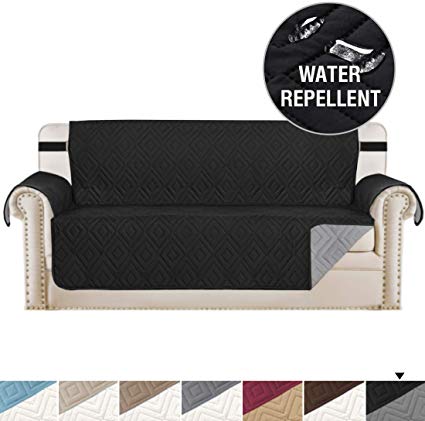 H.VERSAILTEX Reversible Sofa Slipcover Furniture Protector Anti-Slip Couch Cover Water Resistant 2 Inch Wide Elastic Straps Sofa Cover Couch Covers for Pets Kids (Sofa Large, Black/Grey)