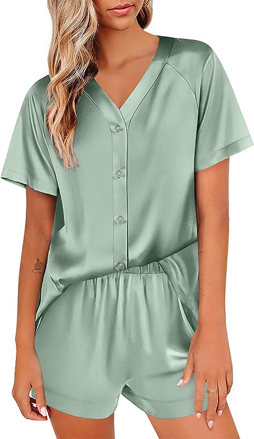 eshion Women Pajama Sets 2 Piece Satin Pj Set V-Neck Button Down Pajamas with Pockets S-XXL